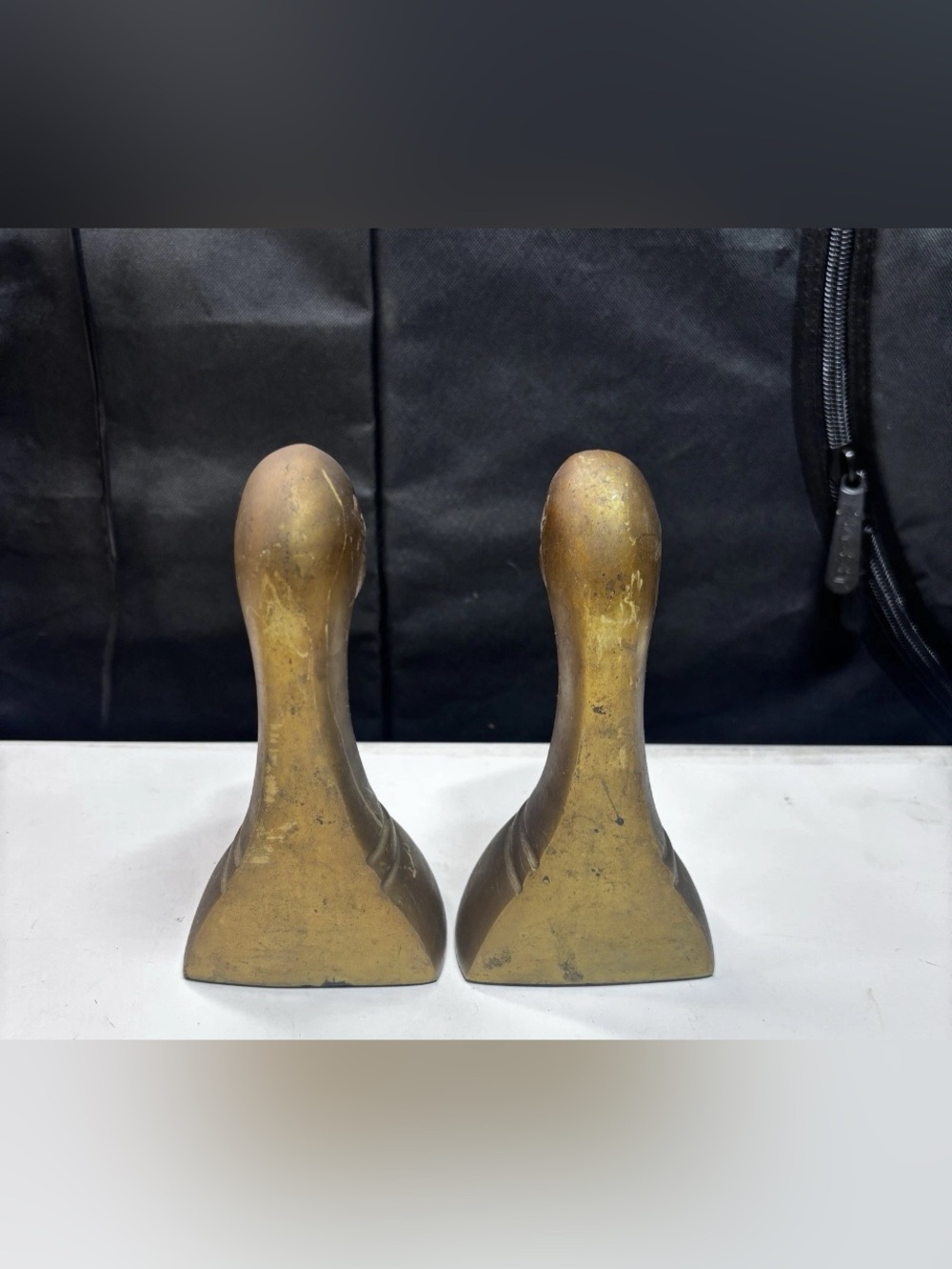 VINTAGE SOLID BRASS DUCK HEAD BOOK ENDS LARGE 10” Tall MADE IN KOREA Unlacquered - Picture 5 of 7